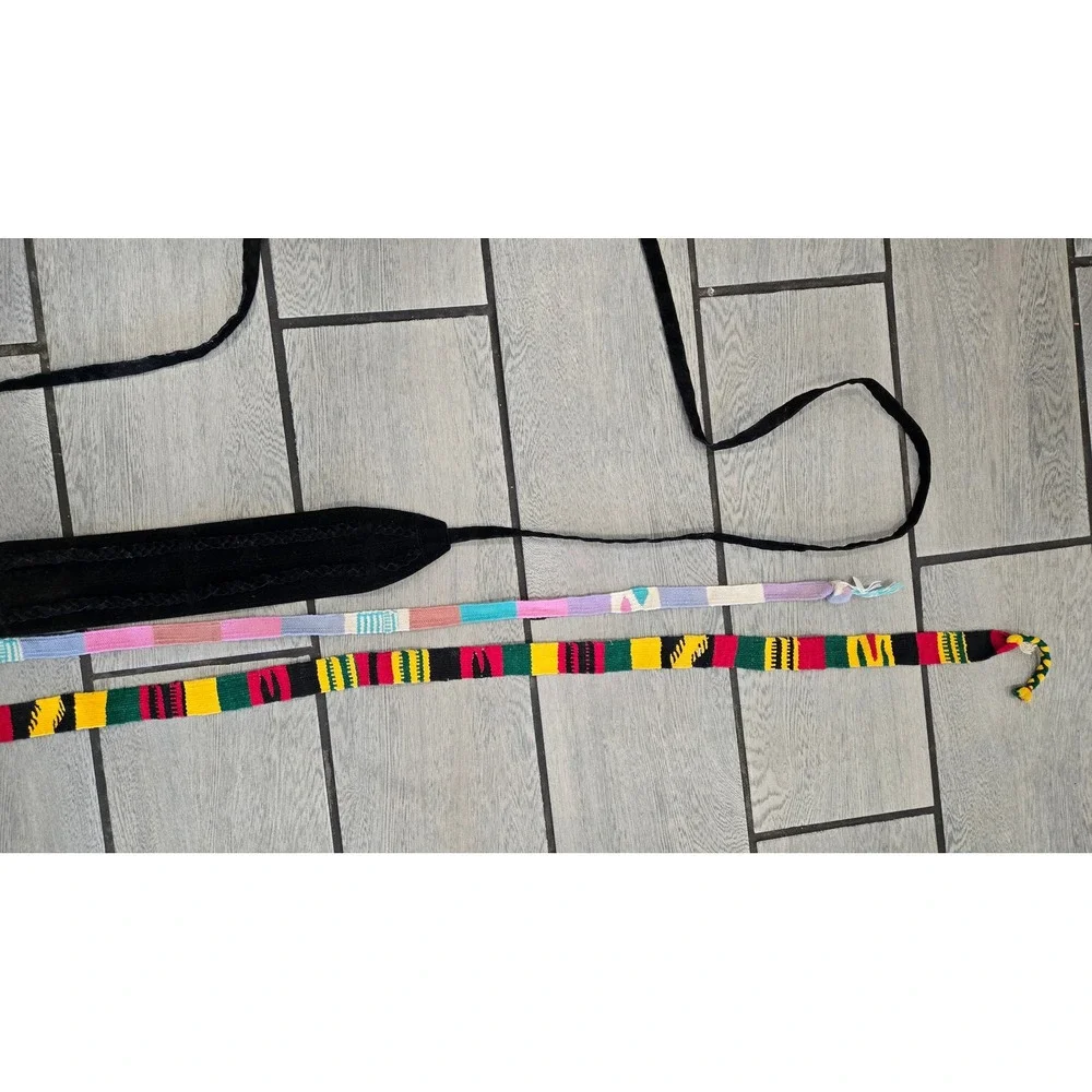Lot of 3 Boho Woven Textile & Black Velvet Tie Belts Multi-Color Pastel M/G